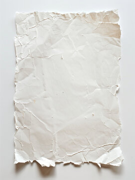 blank aged cream crinkled paper with torn edges isolated on white studio plain background