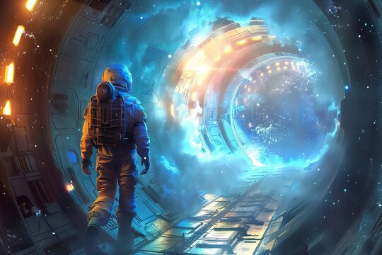 A man in a protective astronaut suit stands near the entrance to the portal. Blue plasma glow. Cosmic travels. Entry into game design. Space station module.