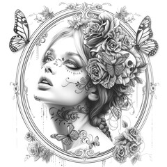 Fototapeta premium Dia de los Muertos coloring page for kids and adults illustration. For banners, advertisements, posters, backgrounds, invitations.