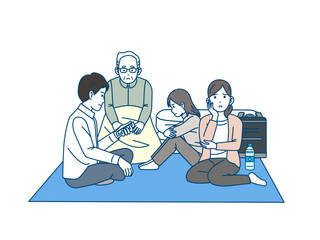 避難所生活をする家族のイラスト
