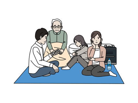 避難所生活をする家族のイラスト