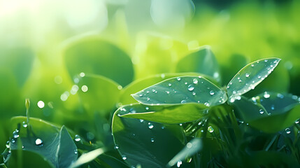 Large beautiful transparent raindrops on green leaves macro