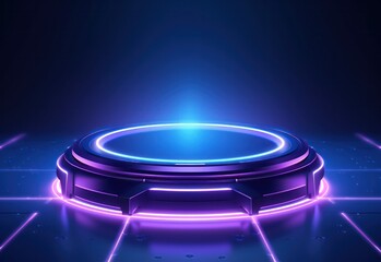 Podium round purple blue neon light futuristic platform teleport tech cyber graphic on dark background. - obrazy, fototapety, plakaty