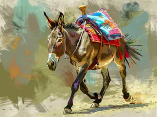 Fotobehang a donkey running towards you, he has a saddle on with big saddle bags, he is outdoors near a forest, in the style graphic art © Kholoud