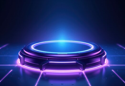 Podium round purple blue neon light futuristic platform teleport tech cyber graphic on dark background.