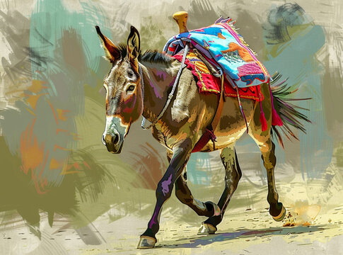 a donkey running towards you, he has a saddle on with big saddle bags, he is outdoors near a forest, in the style graphic art