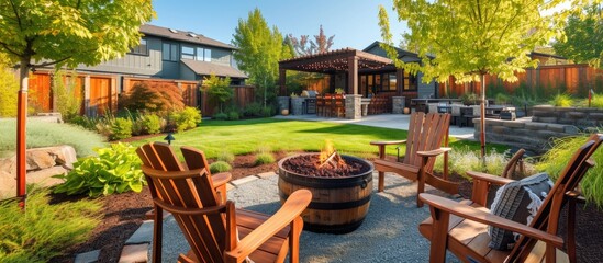 Beautifully landscaped backyard with a large fire pit, wooden rocking chairs, and wine and food.