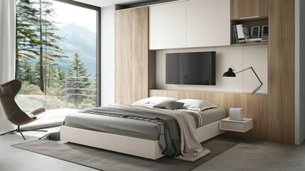 Modern Bedroom Design with Wall-Mounted TV and Concealed Storage Bed Frame