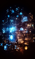 Obraz premium Abstract technological background consisting of luminous points lines and shapes. Composition of luminous particles lines with shining bokeh sparkles on the subject of technology.