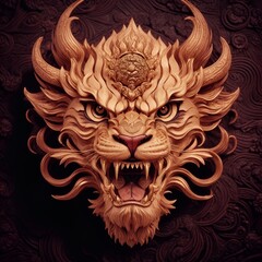 Fototapeta premium Abstract decorative lion mask. Fashionable background for design projects. Illustrations created using artificial intelligence. Illustrations and Clip Art AI generated.
