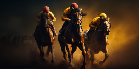 Fototapeta premium Three racing horses competing with each other with motion blur to accent speed. Dramatic scene of horse races at sunset.