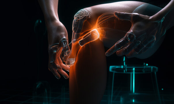 Woman is sitting on chair with her hands holding her knee pain in the knee joint sciatica medical image 3d render