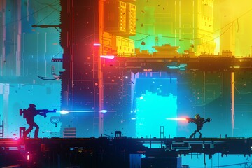 2D scene of a space battle, multi-story game design, a man in a protected astronaut-warrior suit, neon glow in the background.