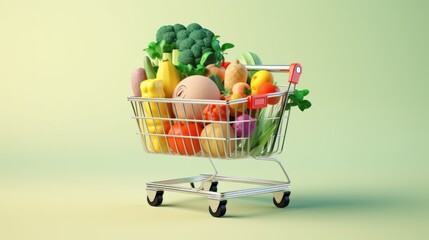 Shopping cart full of fresh groceries, isolated on color background.