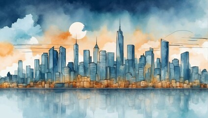 Skyline cityscape background vector. Minimal city art with watercolor brush and golden line art texture. Abstract art wallpaper for prints, Art Decoration, wall arts, and canvas prints. 