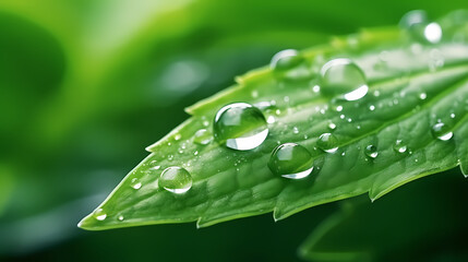 Large beautiful transparent raindrops on green leaves macro