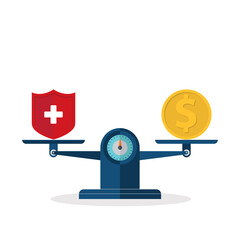 Medical cross and dollar coin on scales. Expensive health insurance concept.	
