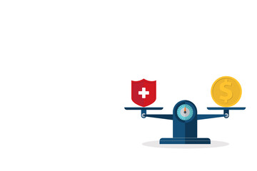 Medical cross and dollar coin on scales. Expensive health insurance concept.	