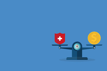 Medical cross and dollar coin on scales. Expensive health insurance concept.	