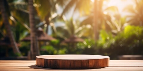 Wood round podium on wood floor and pool palm coconut tree resort hotel tropical background