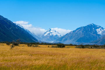 Mount Cook National Park in New Zealand. Aoraki / Mount Cook National Park is in the central-west of the South Island of New Zealand.  