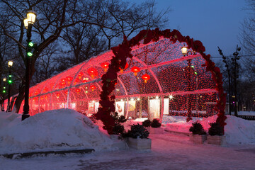 Chinese New Year in Moscow. The glowing tunnel with red decorative lanterns on Tverskoy Boulevard...