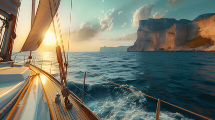 A boat is sailing on the ocean with a beautiful sunset and cliffs in the background. - obrazy, fototapety, plakaty