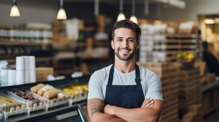 A smiling young male stood in front of the counter with her arms crossed, a supermarket worker, looking at the camera.