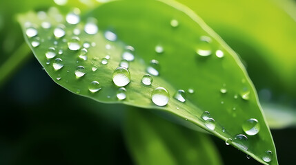 Fototapeta premium Large beautiful transparent raindrops on green leaves macro