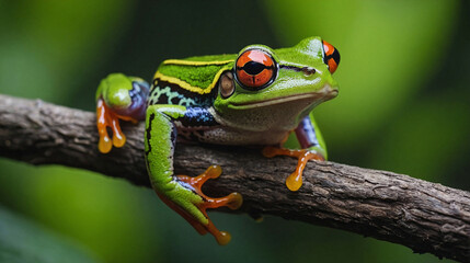 Obraz premium A striking-skinned red-eyed tree frog perched on a tree branch