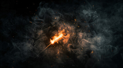 Fire sparkler in dense smoke, abstract Christmas.