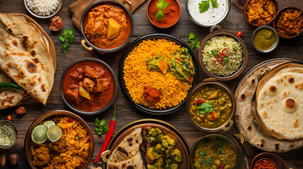 Fototapeta na wymiar Assorted Indian delicacies beautifully arranged on a light wood background