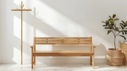 Scandinavian Home Style, A sleek wooden bench and a coat rack in a bright, airy room, embodying minimalist elegance.