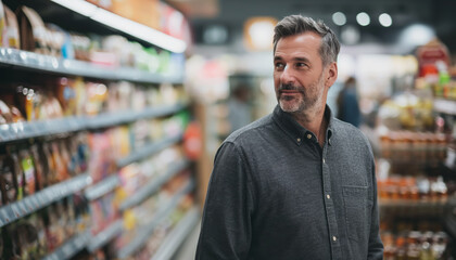 Mature Shopper Searching at Supermarket for Everyday Essentials