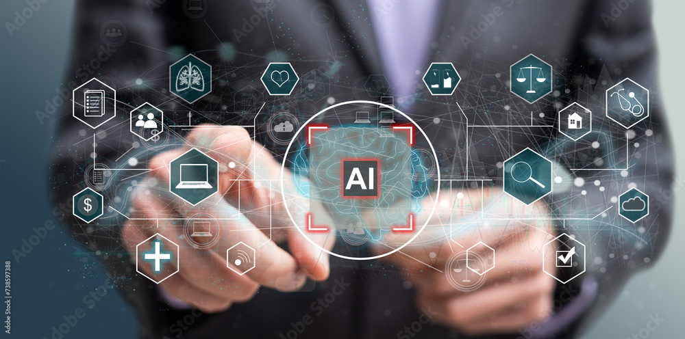 Poster ai - artificial intelligence. big data and deep machine learning concept. digital brain and neural n
