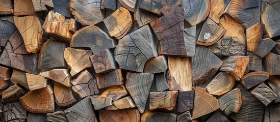 Tuinposter Pieces of tree that are cut up close are used as background from sawn wood pieces, with tree cuts gathered into a texture. © Sona