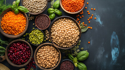 Flat lay view of assorted legumes, a vibrant mix of plant-based proteins - obrazy, fototapety, plakaty