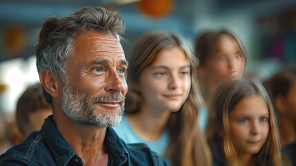 A middle-aged teacher in a school classroom teaching students. American style of teaching. Friendly atmosphere