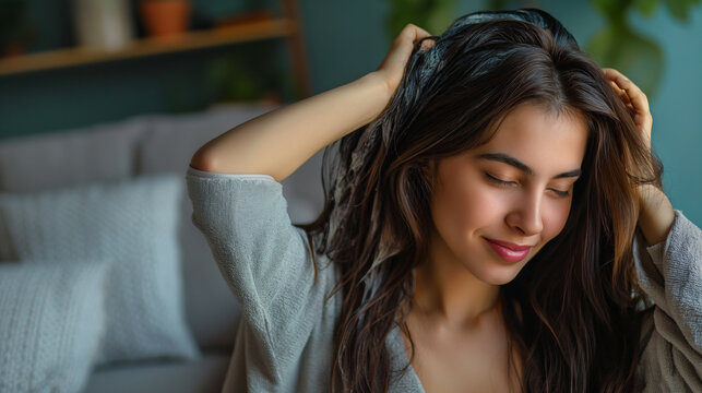 Indian woman in her 30s enjoying a hair-soaking moment at home