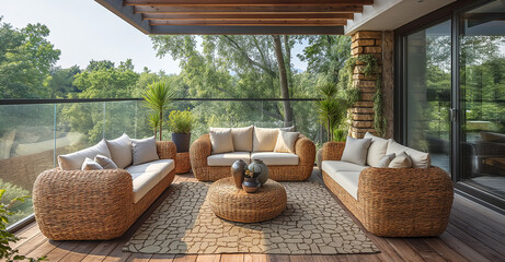 utdoor balcony living room area cosy furniture wicker material cosy comfort relax natural home and garden design - obrazy, fototapety, plakaty