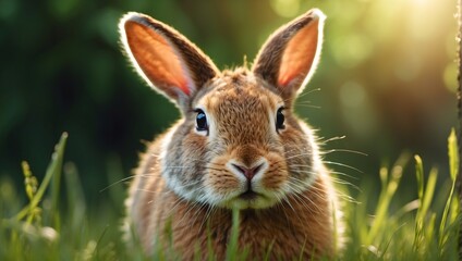Naklejka na ściany i meble Ultra-detailed picture, 8K, serene meadow landscape, close-up of a playful rabbit nibbling on fresh green grass, bathed in the warm glow of the afternoon sun, capturing every whisker. generative AI