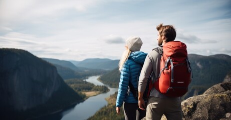Adventurers overlooking a breathtaking valley, medium shot with hiking gear.