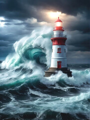 A lighthouse in the middle of a terrible storm, heavy rain and strong waves.