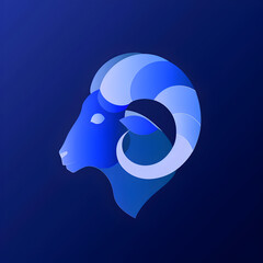A logo illustration of a ram's silhouette on blue background. Created with generative AI.