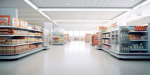 supermarket aisle with products on the colorful shelves.