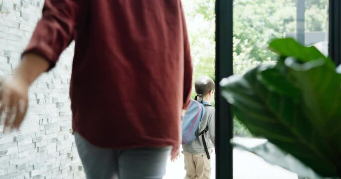 Father, Backpack And Child Or Leaving Home With Running, Goodbye And Ready For Education Or Back To School. Family, Man And Boy Kid By Front Door Exit For Morning Routine With Support And Rear View