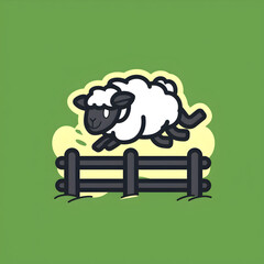 A logo illustration of a sheep jumping over a fence on green background. Created with generative AI.