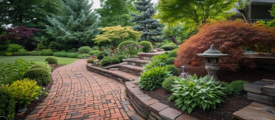 Brick landscaping project featuring dual color design and surrounding gardens.