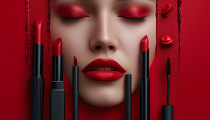 Display of red tone makeup products used on a woman's face. 