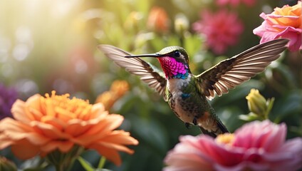 High-resolution image, 8K, serene garden setting, close-up of a delicate hummingbird hovering near a vibrant flower, captured in exquisite detail, with soft morning light. generative AI